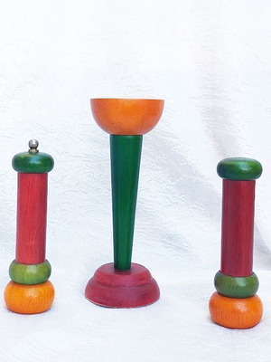 Set of 3 wooden salt shaker, pepper mill and candle holder