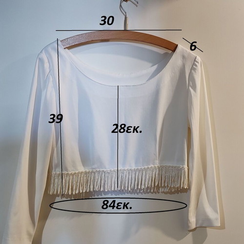 Jersey white blouse with fringes and pearls used, size M