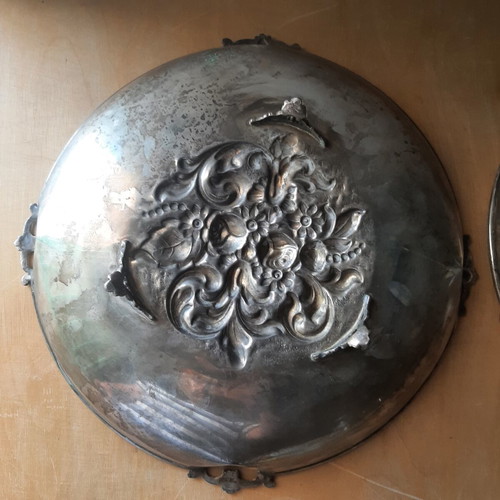 Large Silver Plated Fondue Trays carved, used, 1960s set of 2