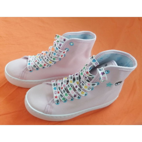 Chiara Ferragni pink canvas platform boots with decorative embroidery