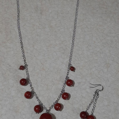 Necklace and earrings set with coral in steel, 50 cm length, new