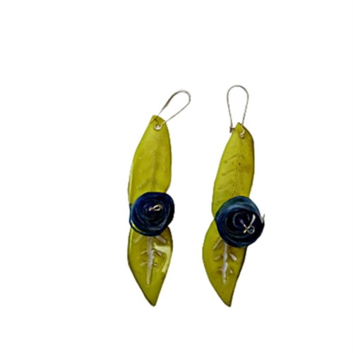 Earrings handmade from scratch with blue and green recycled plastic flowers and leaves
