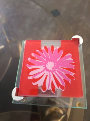 Set of 5 glass coasters like new with stand, modern floral design