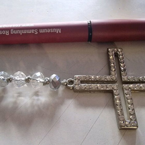 Long necklace with cross and transparent beads like new