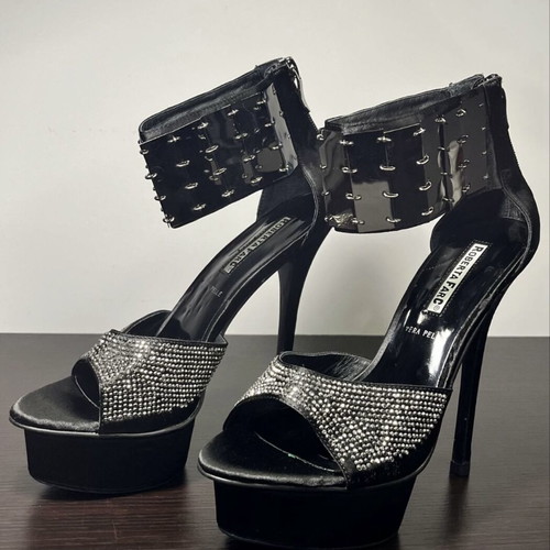 Roberta Frac black platform stiletto sandals with rhinestone ankle cuff, EU 38