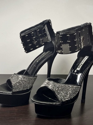 Roberta Frac black platform stiletto sandals with rhinestone ankle cuff, EU 38