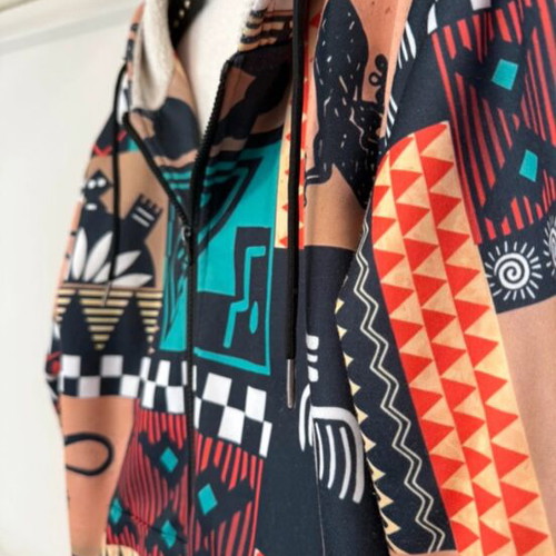 Boho fleece jacket used with sherpa lining and ethnic pattern