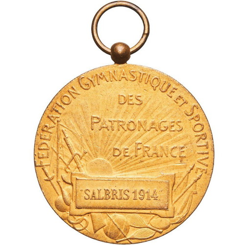 Gold plated Salbris 1914 sports medal like new, France