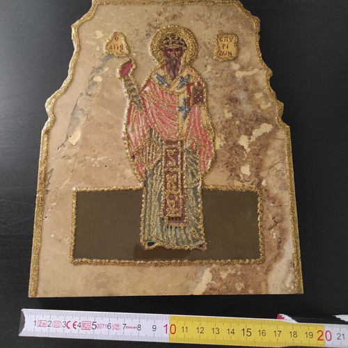 Saint Spyridon Religious Icon like new, marble with gold embroidery