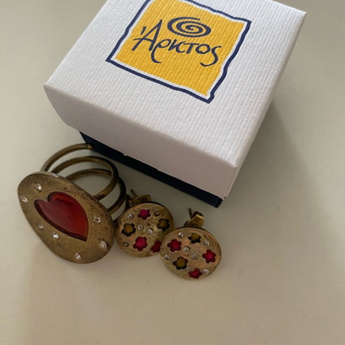 Arktos jewelry set earrings and adjustable ring like new, gold color