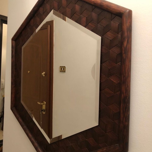 Bijouterie mirror used, hexagonal with woven wood frame