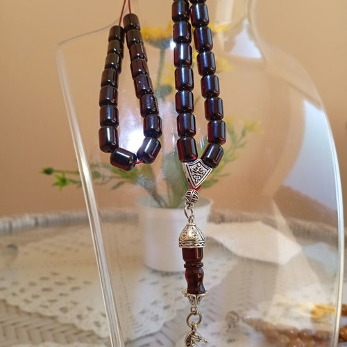 Komboloi worry beads, 33 black cherry mastic beads