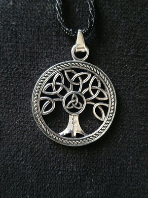 Tree of Life Celtic Knots necklace like new, silver with fabric cord