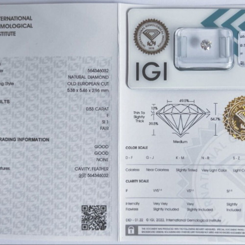 Diamond 0.53ct natural, IGI certified, round brilliant cut