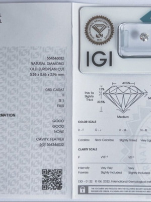 Diamond 0.53ct natural, IGI certified, round brilliant cut