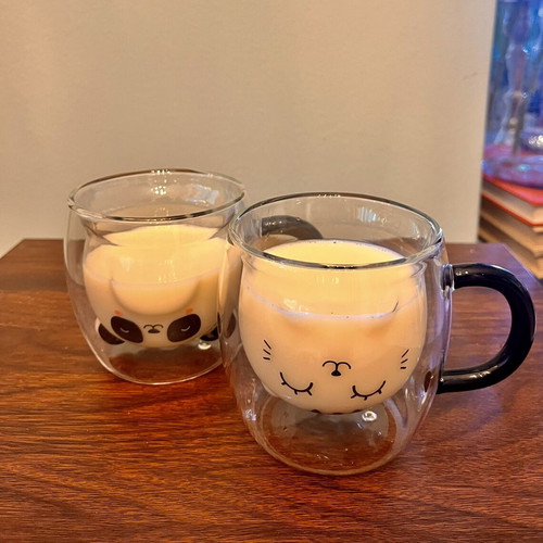 Double-Walled Glass Mugs Panda & Cat Set of 2, like new, aesthetic