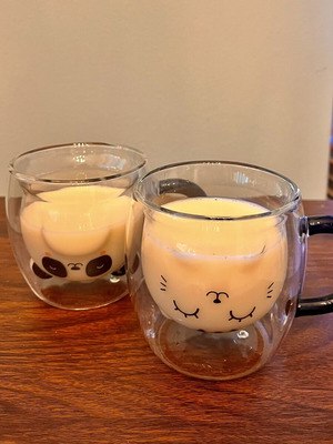 Double-Walled Glass Mugs Panda & Cat Set of 2, like new, aesthetic