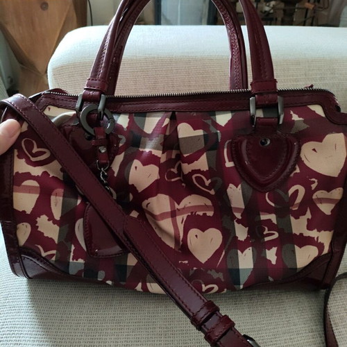 Burberry Heart Boston Bag like new, burgundy canvas and patent leather