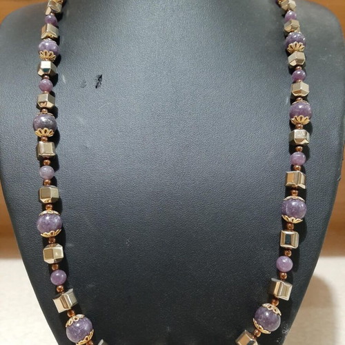 Necklace with Lepidolite and Hematite in 925 Silver, over 60 cm, new