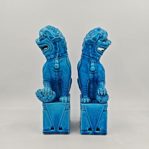 Vintage Chinese Turquoise Blue Porcelain Foo Dogs set used