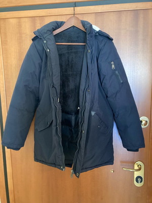 Winter jacket used for boys 12-13 years, blue with hood and fur lining