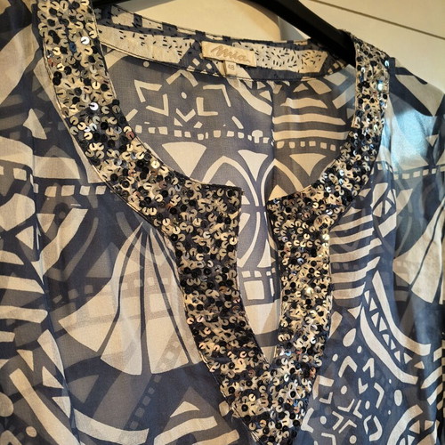 Mia blue and white transparent tunic shirt with sequin V neckline, 4XL