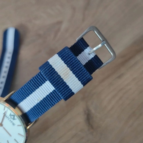 WatchMe watch with fabric strap used, white and blue