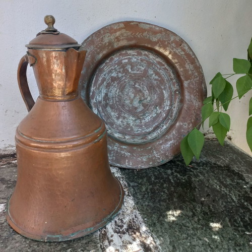 Copper jug and plate set used, old