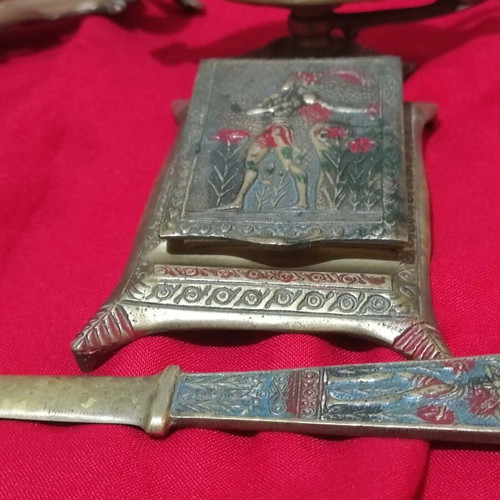 Vintage oxidized brass desk set with Art Nouveau motifs