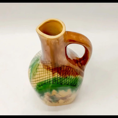 Ceramic Jug handpainted with Bird Brown Green 23 cm like new