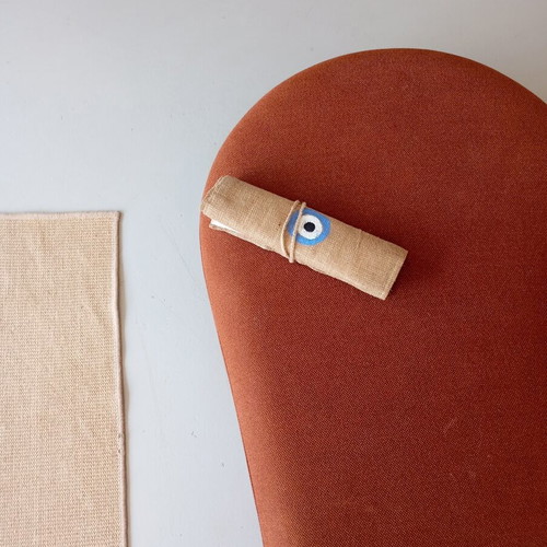 Fabric backgammon roll like new with wooden eye pieces by Samali studio