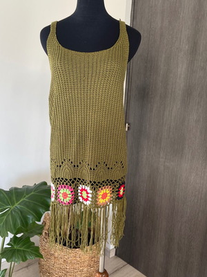 Boho knitted beach dress with fringes and crochet flowers like new