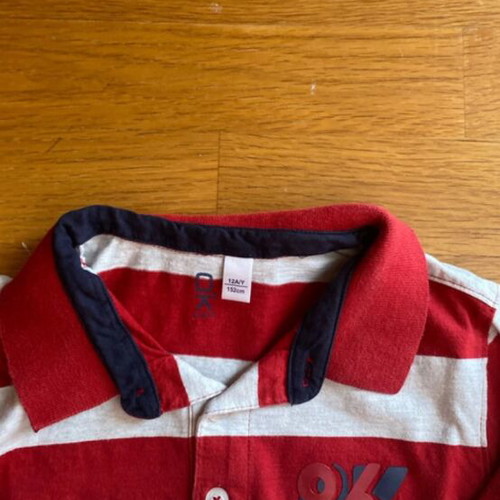 Okaidi Red and White Striped Long Sleeve Polo Shirt, size 152 cm
