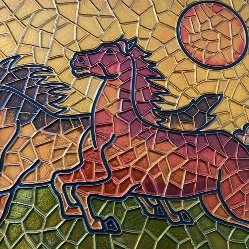 Handmade embossed chalcography painting on wood vintage 1980s like new