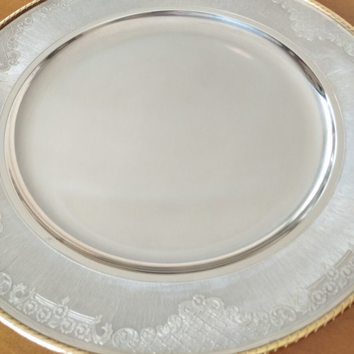 Vintage stainless steel serving tray 30cm with gold trim, mint condition