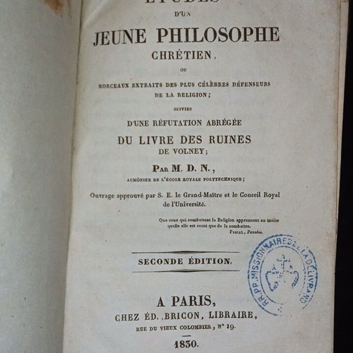 Old French book philosophy Christianity used, leather-bound