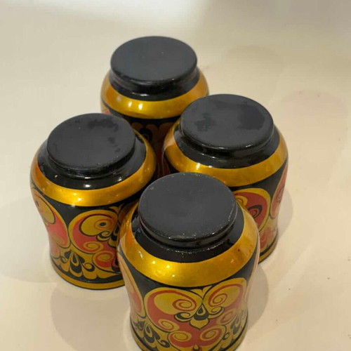 Set of 4 vintage Russian wooden glasses used, hand-painted