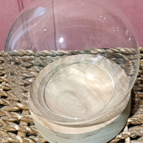 Glass Sphere with Wooden Base used, minimal natural elegance