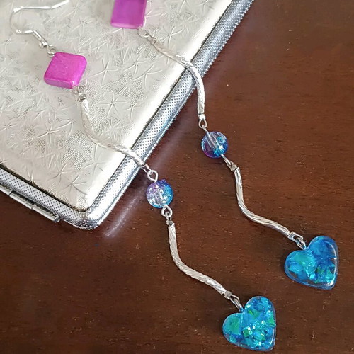 Heart earrings new handmade with resin and natural stone blue pink