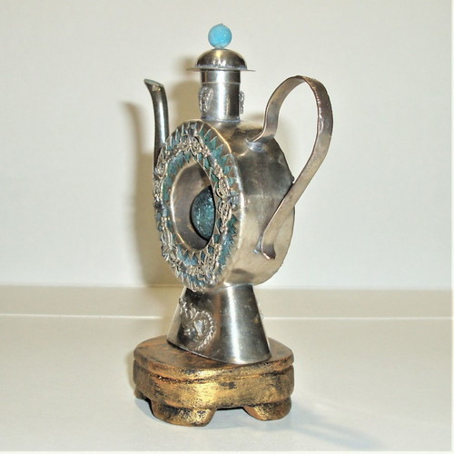 Asian antique vessel for essential oils with nephrite and turquoise used