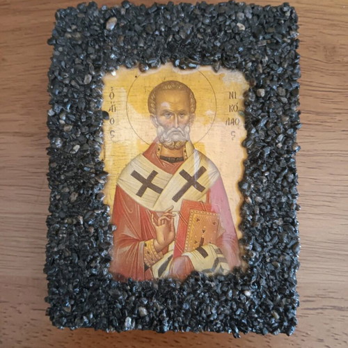 Wooden icon Saint Nicholas like new with decorative pebbles
