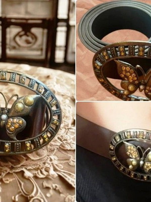 Vintage leather belt with bronze butterfly buckle