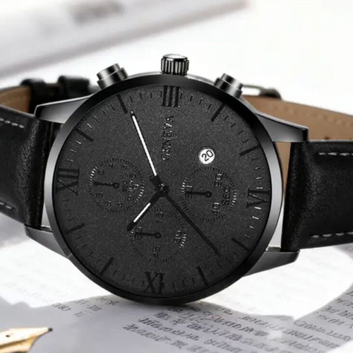 Geneva wristwatch with date, quartz mechanism, black
