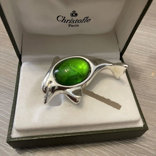 Christofle dolphin brooch with green stone