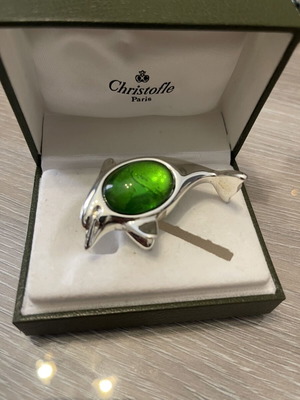 Christofle dolphin brooch with green stone