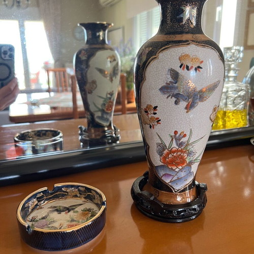 Royal Satsuma porcelain vase used with ashtray and wooden base