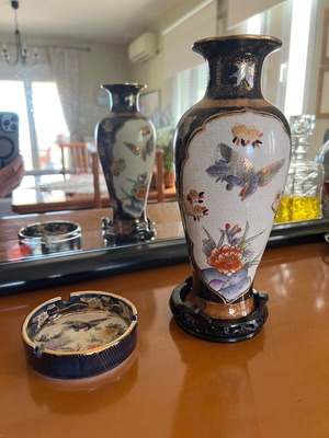 Royal Satsuma porcelain vase used with ashtray and wooden base