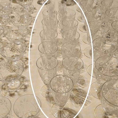 Mid-century crystal champagne glasses used, set of 10