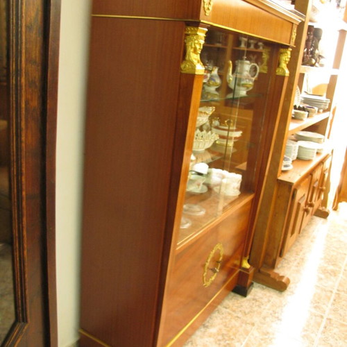 Vintage Belgian Mahogany Display Cabinet with Gilded Bronze and Granite Top, Empire Revival