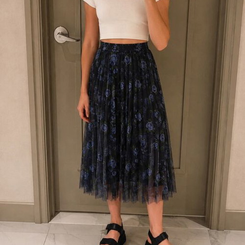 Stradivarius pleated midi skirt with floral pattern